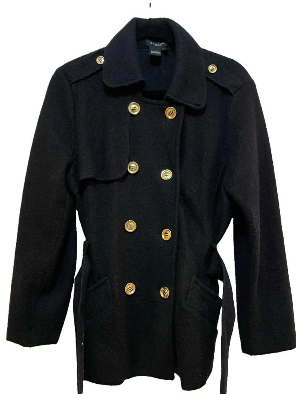 SANDRO Black 100% Wool Double Breasted Gold Button Peacoat Sz L - Picture 2 of 11